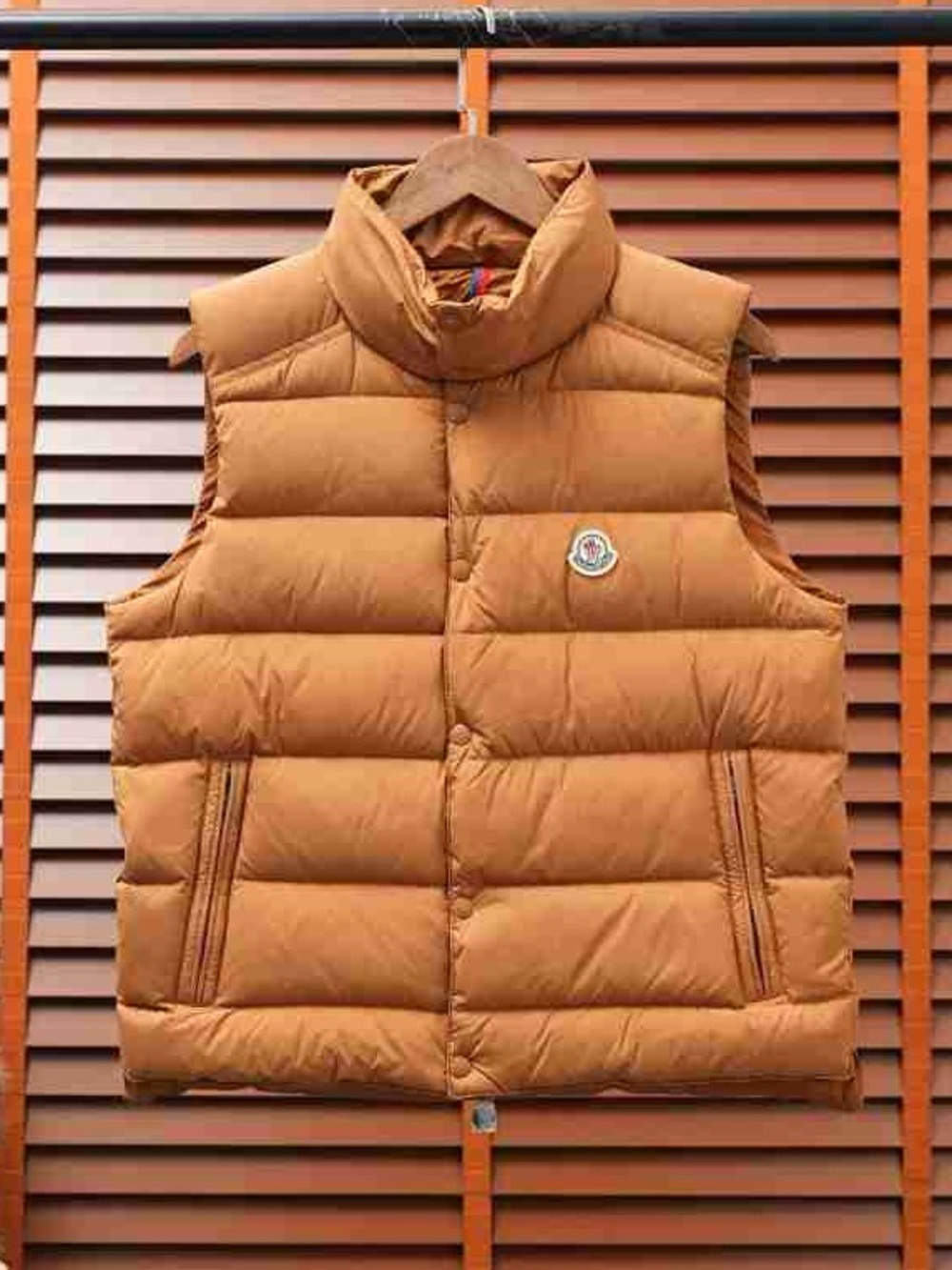 Moncler Tan Quilted Down Vest with Logo Patch
